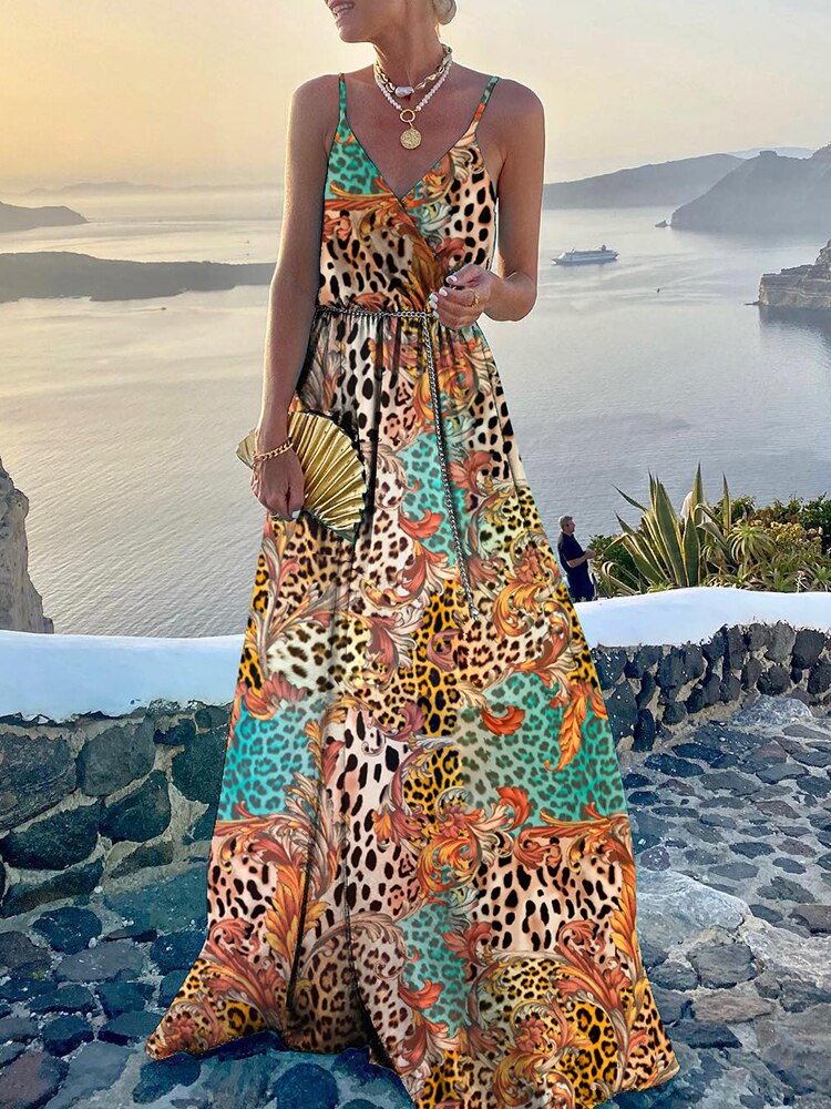 Fashion V Neck Sling Print Party Dress