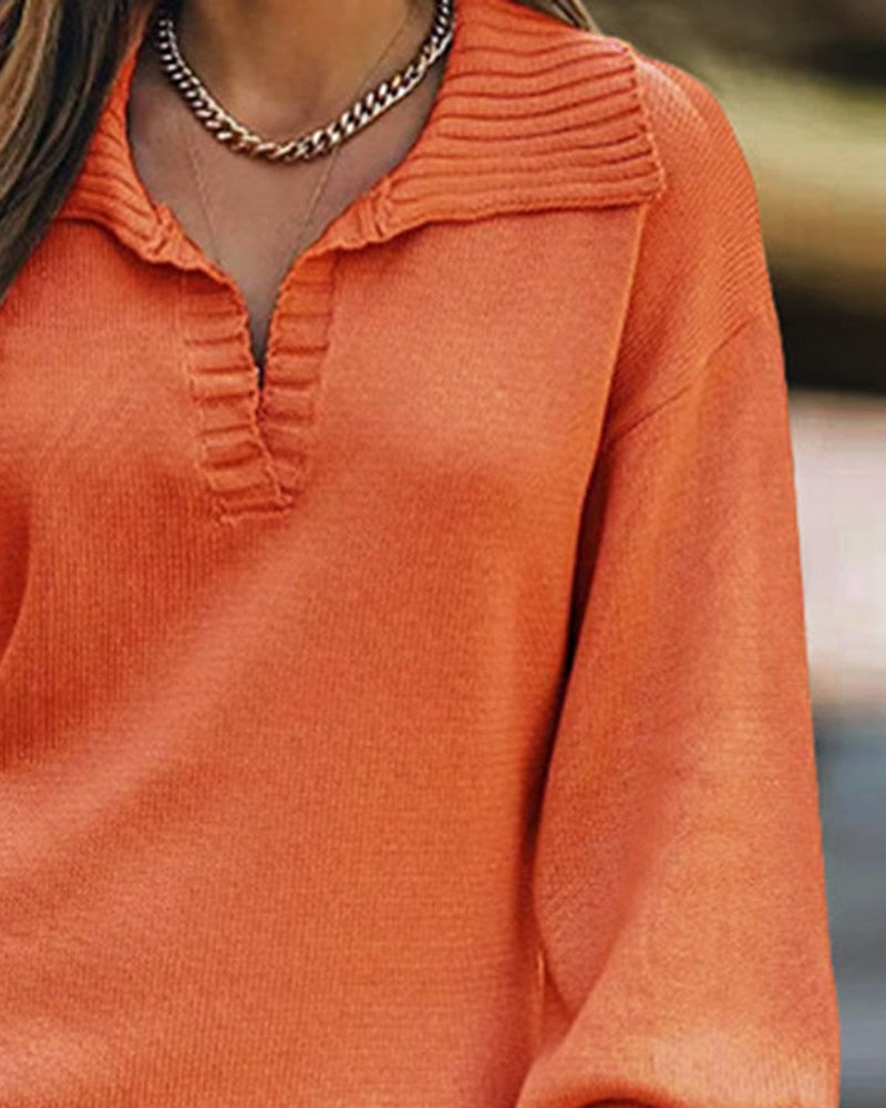 Autumn Long Sleeve V Neck Turn-down Collar Mini  Lantern Sleeve Knitted Sweater Dress