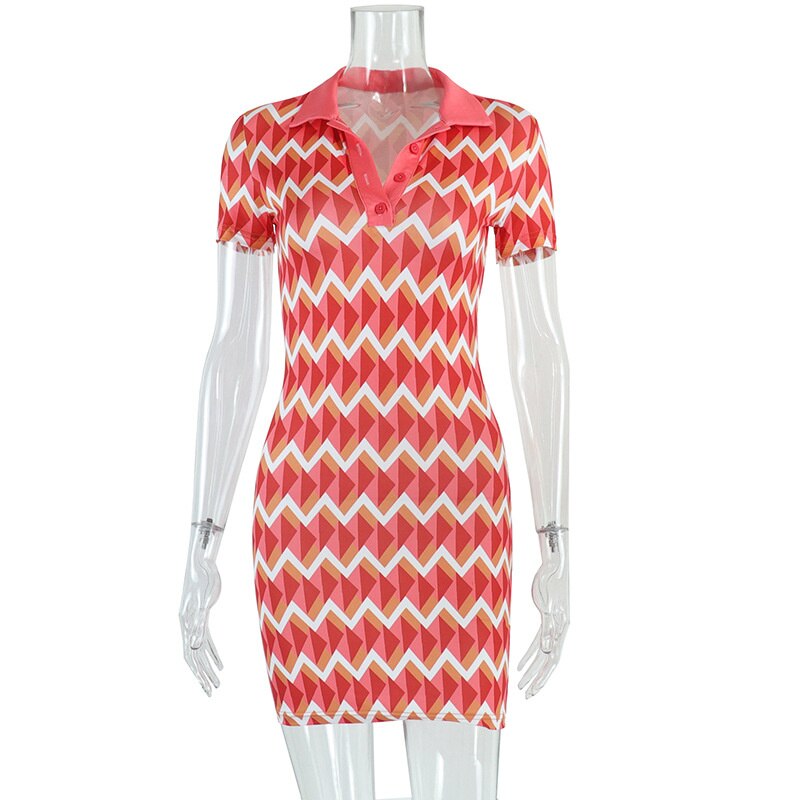 Summer Short Sleeve Turn-down Neck Wave Stripe Printed Mini Dresses