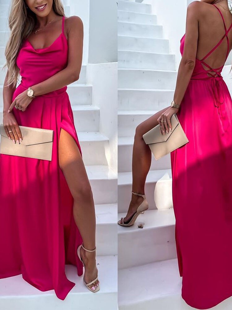 Wrap High Waist Elegant Solid Seaside Beach Dress