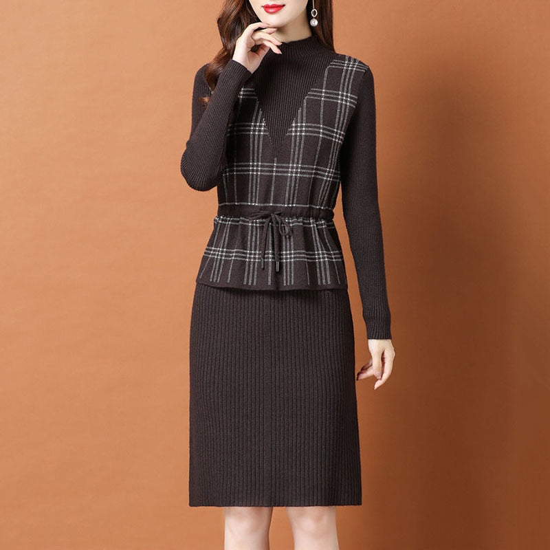 Vintage Plaid Patchwork Fake Two Piece Knitted Dress