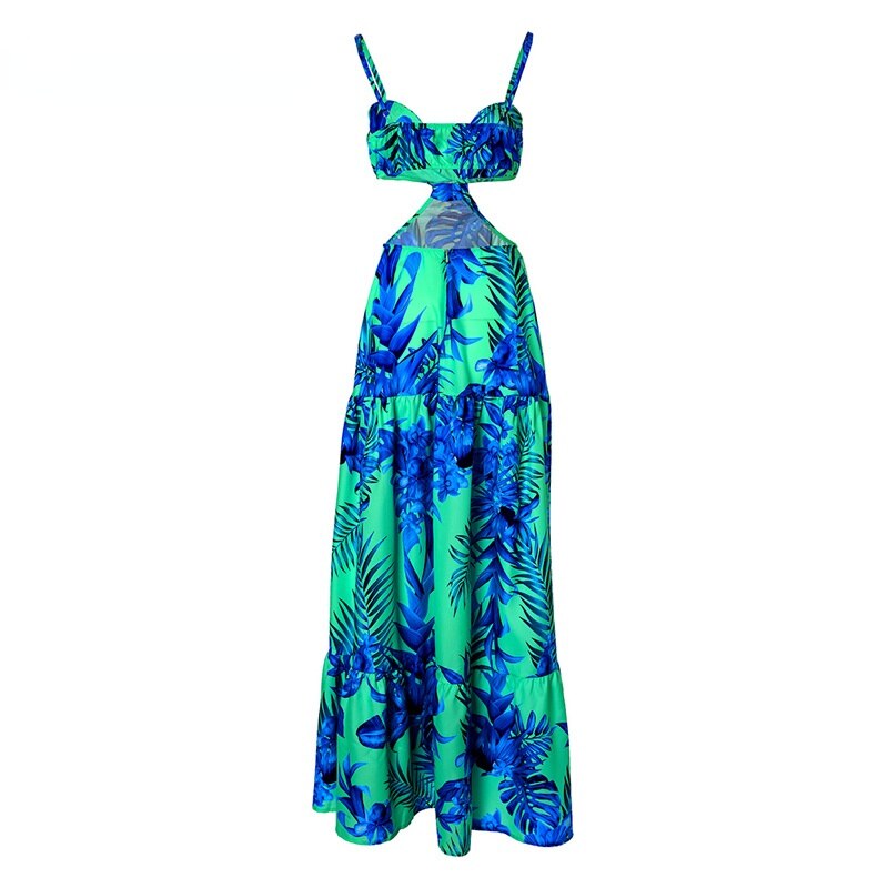 Spaghetti Straps All Over Print Midriff  Maxi Dress