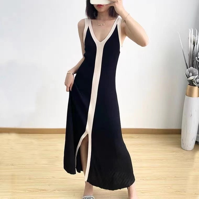Fashion Women V-neck Sleeveless Knitted Long Dress