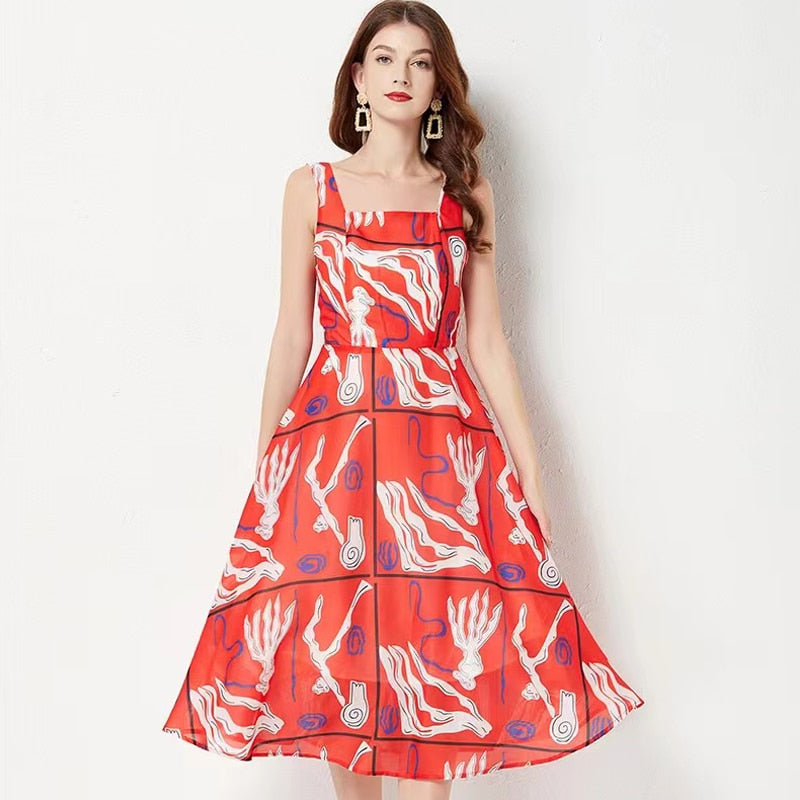 Backless Bandage Dancing Lilliputian Print Midi Dress