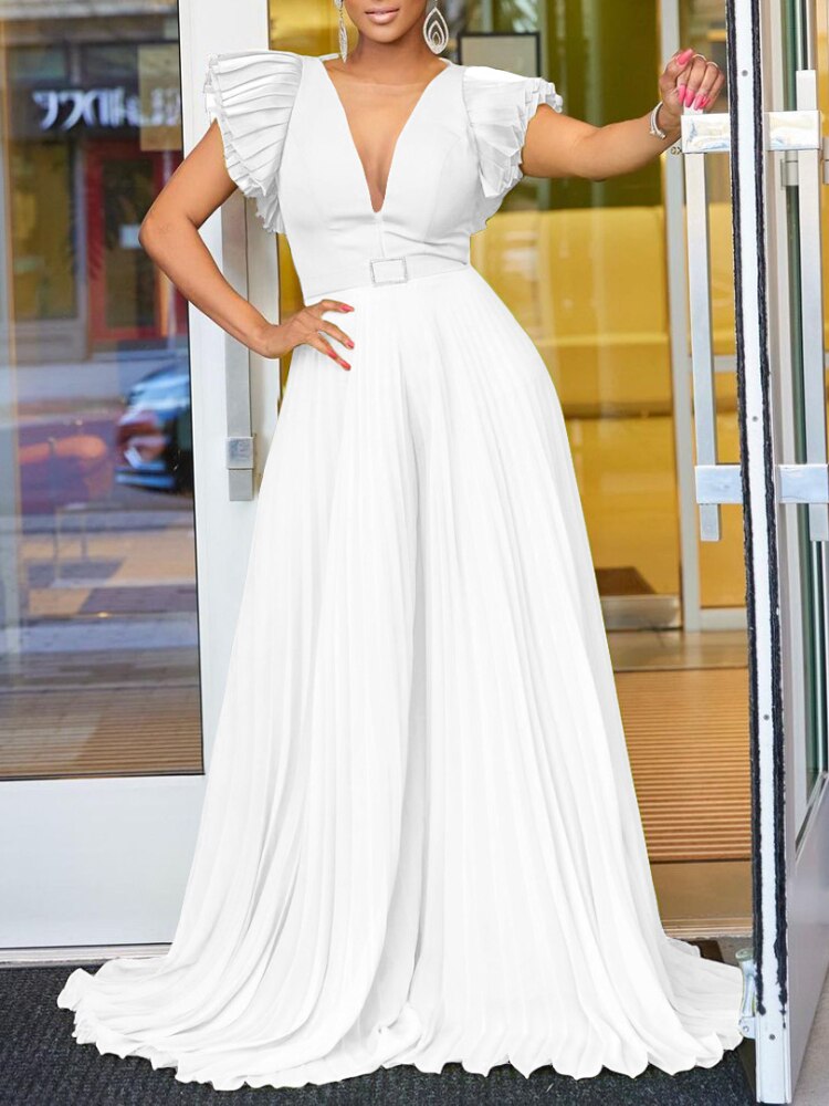 Pleated High Waist V Neck Ruffles Wide Leg Jumpsuits