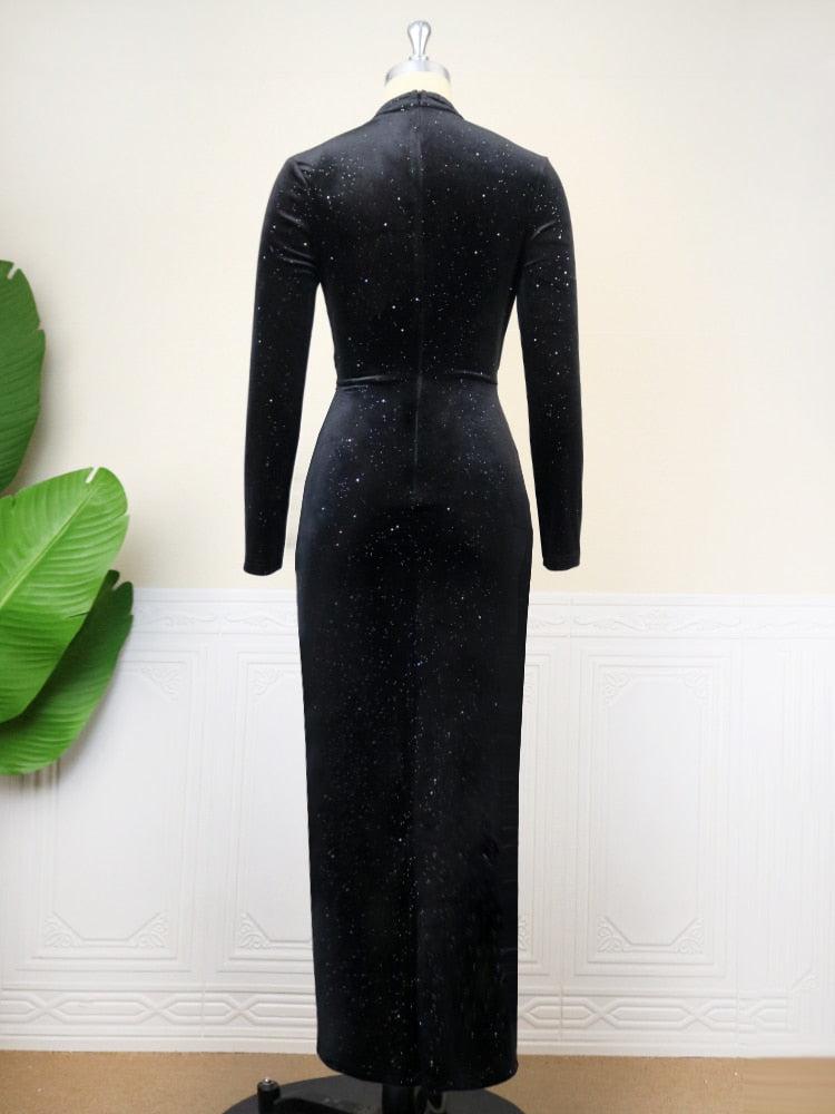 Black Velvet Dresses Elastic High Waist Long Sleeve Glitter Navel Pleated Slit Evening Party Dress