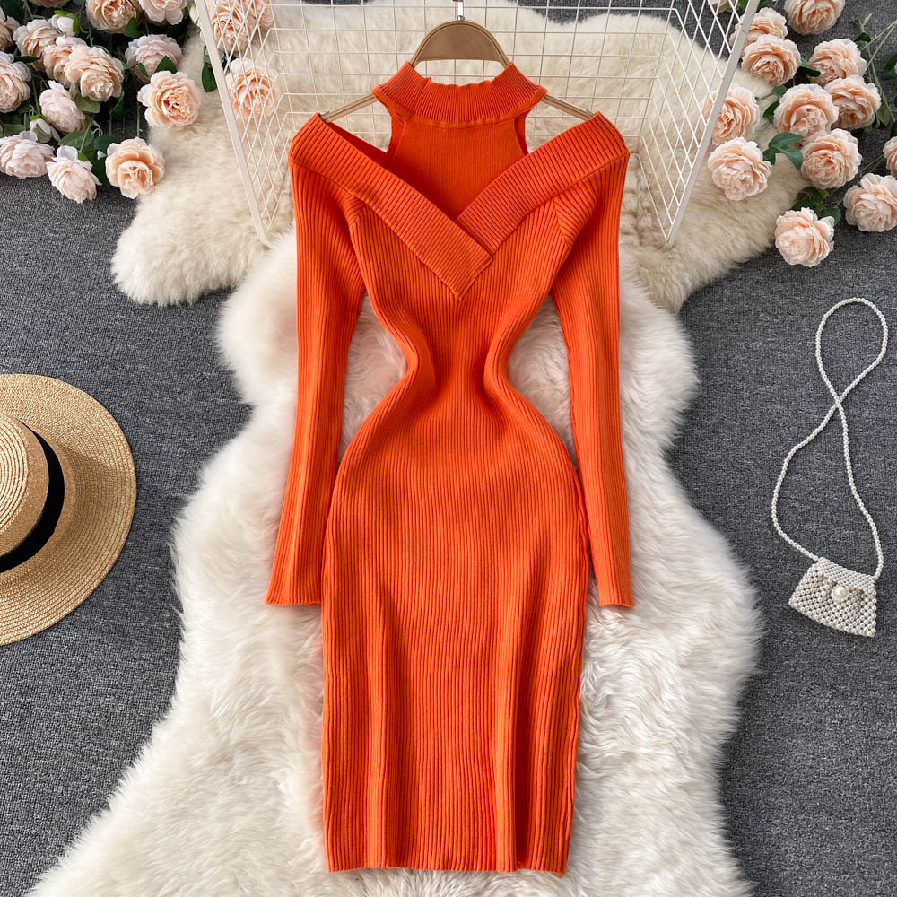 Autumn Off Shoulder Long Sleeve Slim Bodycon Sweater Dress