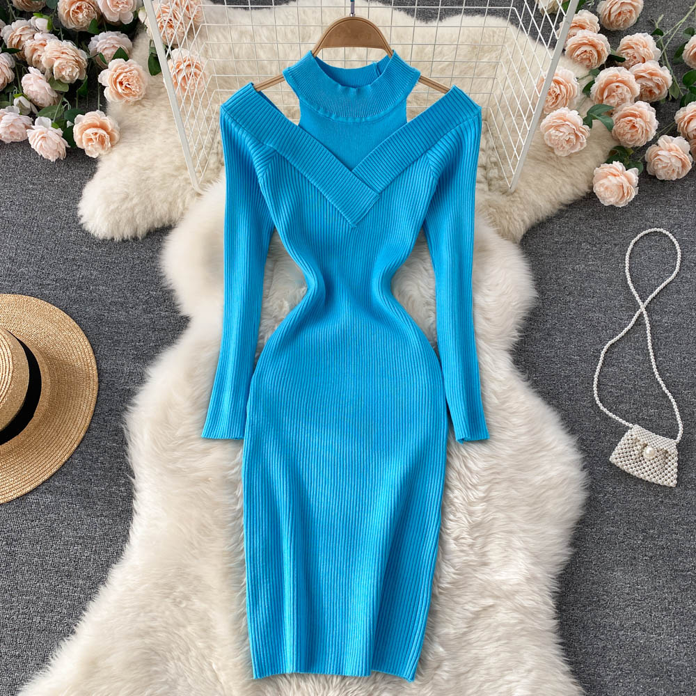 Autumn Off Shoulder Long Sleeve Slim Bodycon Sweater Dress