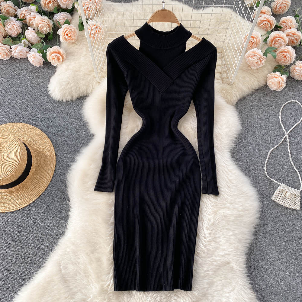 Autumn Off Shoulder Long Sleeve Slim Bodycon Sweater Dress