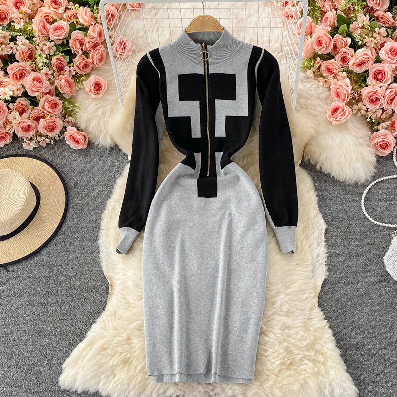 Design Zipper Stand Collar Long Sleeve Slim Dress Autumn Winter Sexy Bodycon Sweater Dress