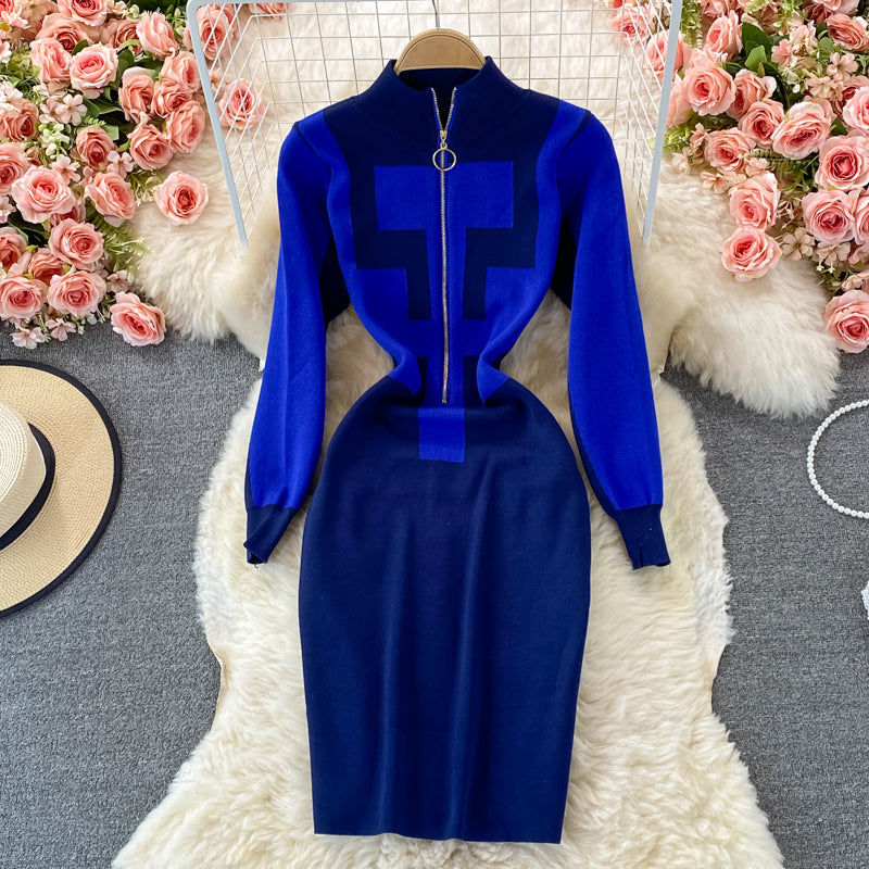 Design Zipper Stand Collar Long Sleeve Slim Dress Autumn Winter Sexy Bodycon Sweater Dress