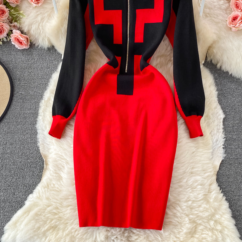 Design Zipper Stand Collar Long Sleeve Slim Dress Autumn Winter Sexy Bodycon Sweater Dress