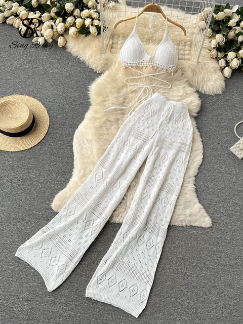 Sexy Backless Halter Short Tops+Chic Hollow Knitted Wide Leg Long Pants