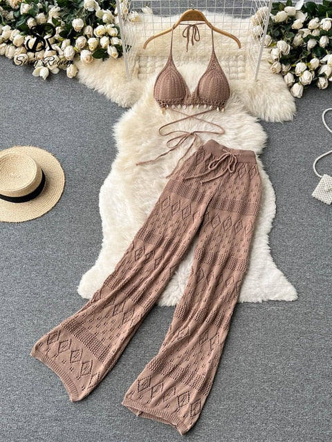 Sexy Backless Halter Short Tops+Chic Hollow Knitted Wide Leg Long Pants