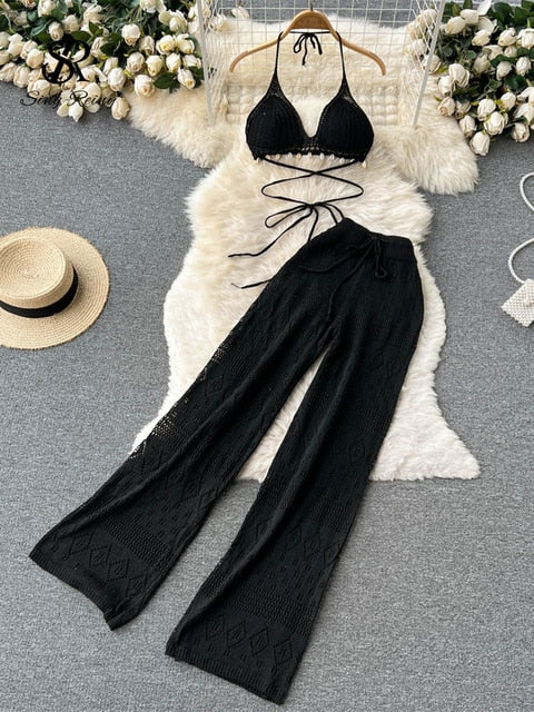 Sexy Backless Halter Short Tops+Chic Hollow Knitted Wide Leg Long Pants