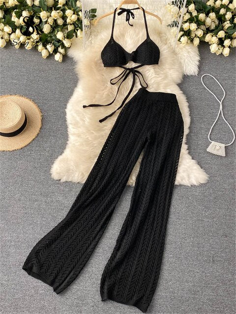 Sexy Backless Halter Short Tops+Chic Hollow Knitted Wide Leg Long Pants