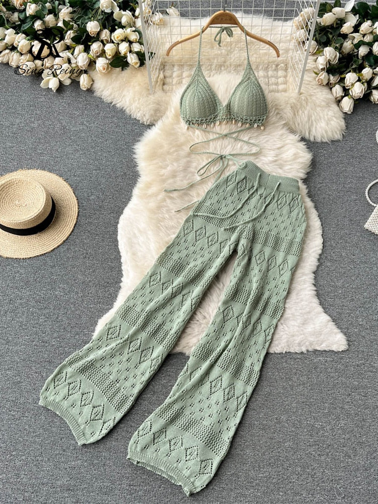 Sexy Backless Halter Short Tops+Chic Hollow Knitted Wide Leg Long Pants