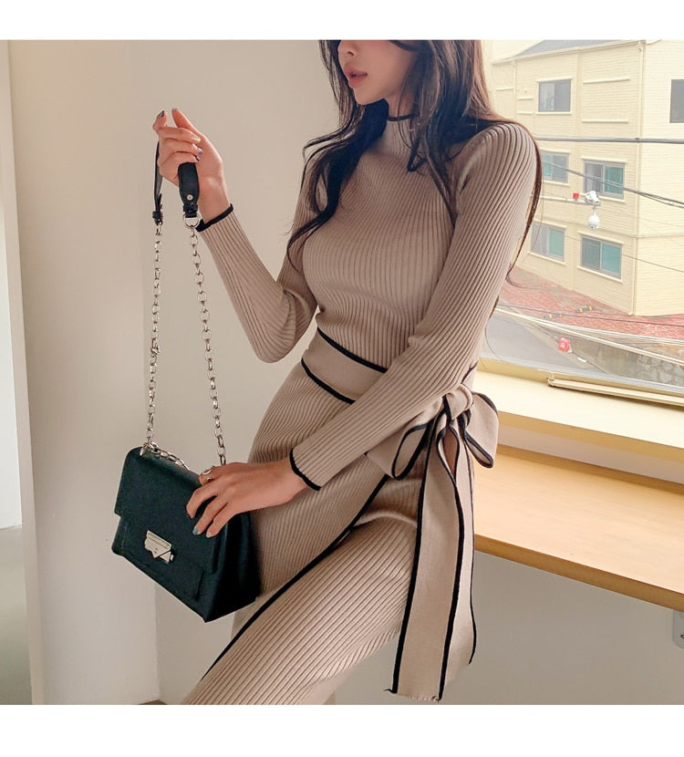 Lace-Up Knitted Mid-Length Sweater Dress