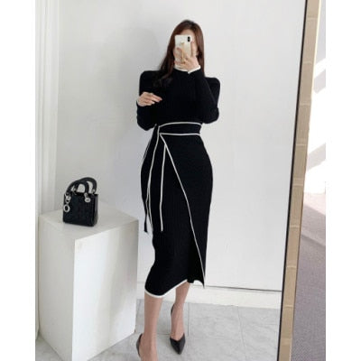 Lace-Up Knitted Mid-Length Sweater Dress