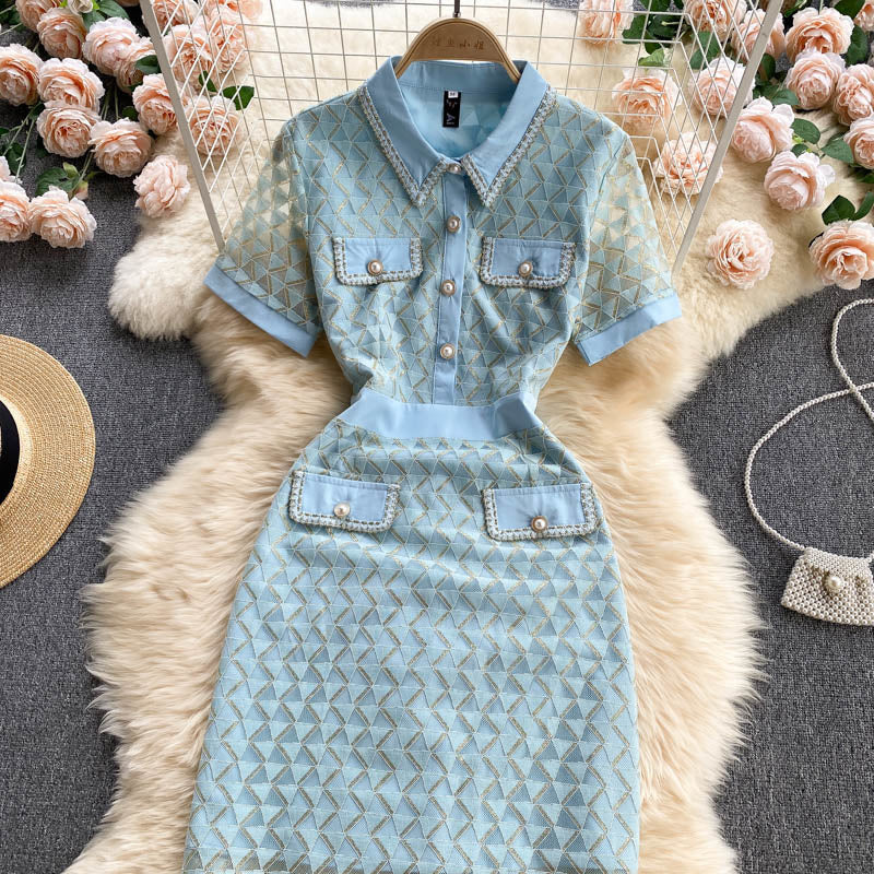 Summer Elegant Short-sleeved Turn Down Collar Buttons Geometric Dress