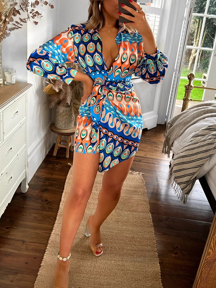 Sexy  Colorful Print Boho Beach Tie-Up Wrap Split Dress