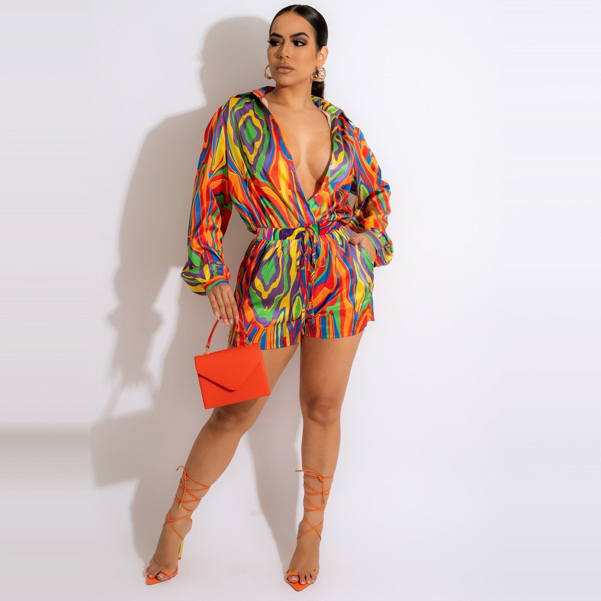 Casual Tie Dye Printed Lapel Long Sleeve Shirt Tops and Shorts Suit
