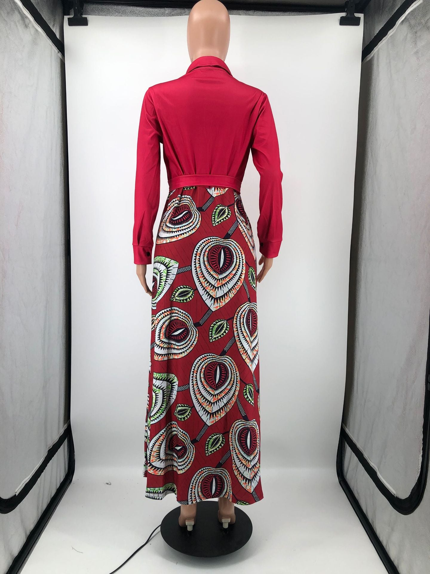 Casual Style Long Sleeve Lapel Single Breasted Printed Floor Length Shirt Dress