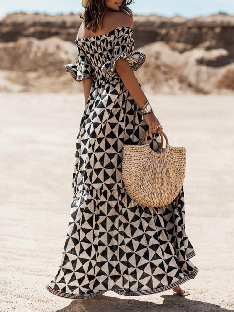 Summer Plaid Print A-line Off the shoulder Boho Beach Dress