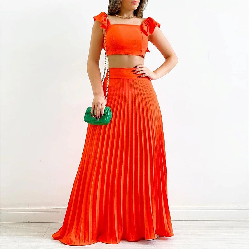 Spring and Summer Solid Color Short Tank Top High Waist Pleated Half-length Dress