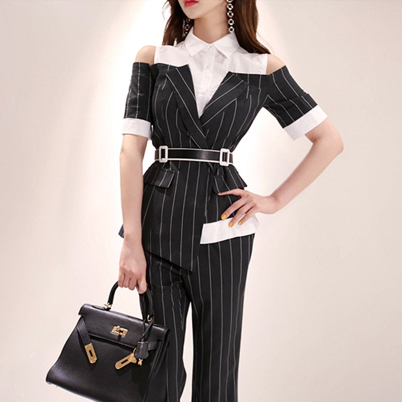 Women Single Breasted Stripe Notched Suits