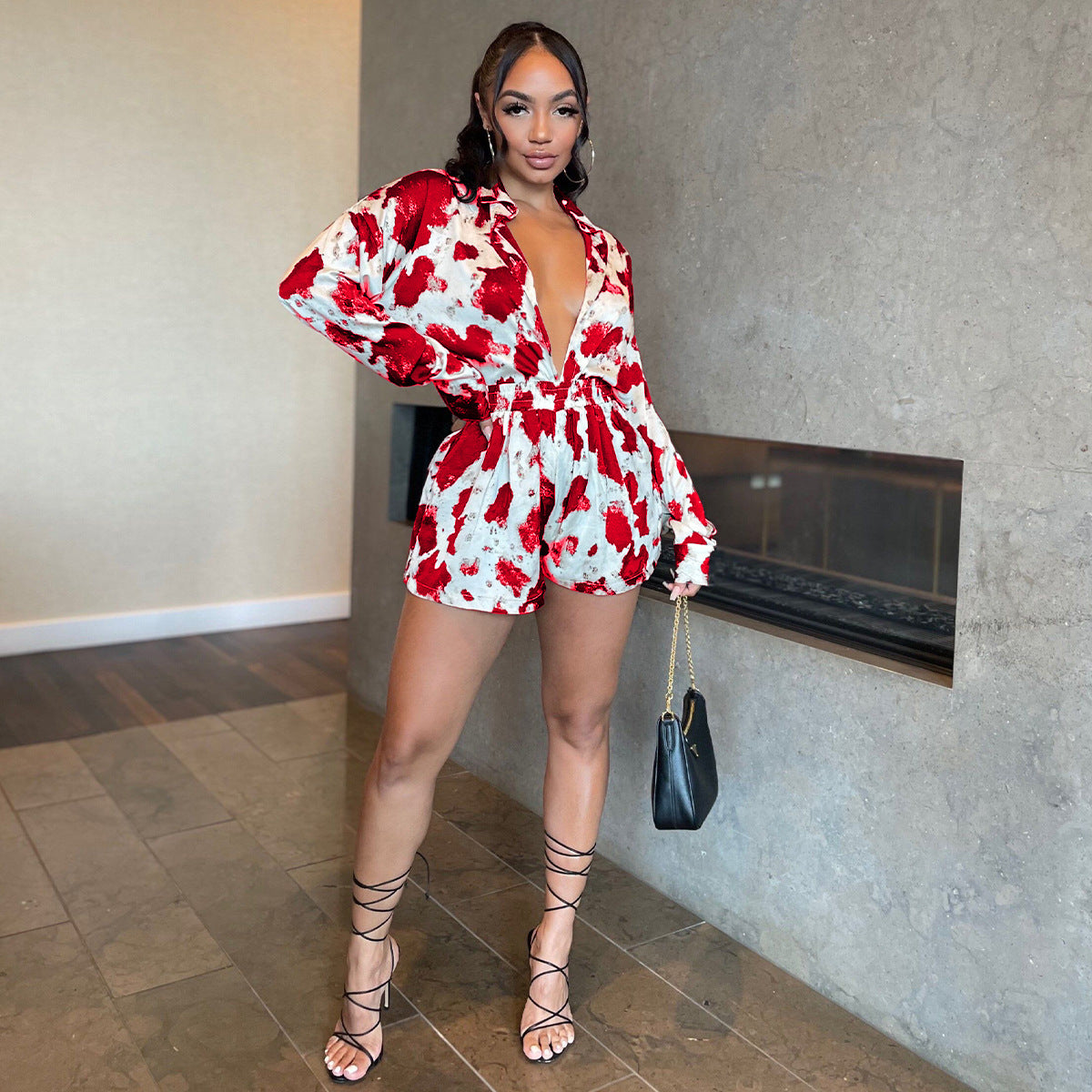 Chic Graffiti Printed Lapel Long Sleeve Shirt Tops and Shorts Suit