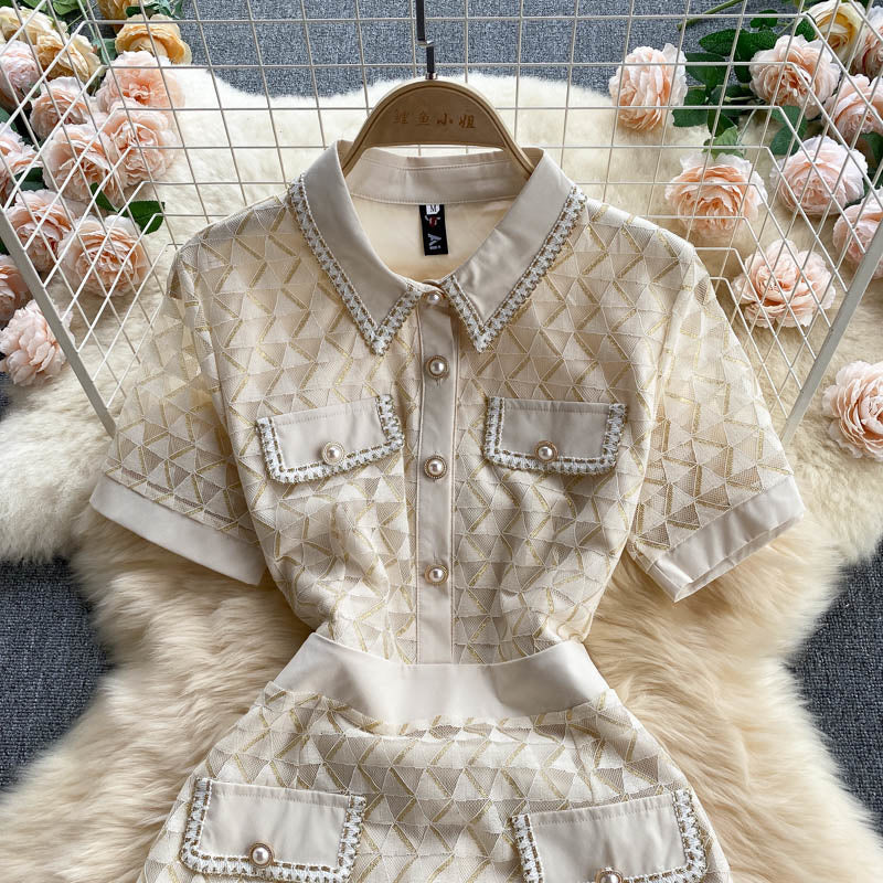 Summer Elegant Short-sleeved Turn Down Collar Buttons Geometric Dress
