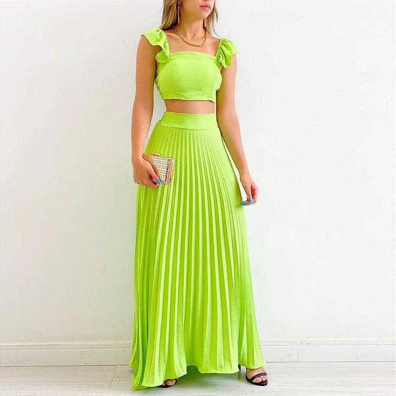 Solid Short Tank Top High Waist Pleated Half Length Dress Fashion Casual Set