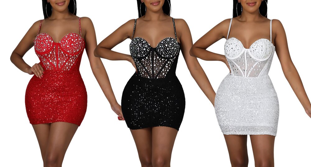 Sequins Patchwork Mesh See Though Bodycon  Mini Dress