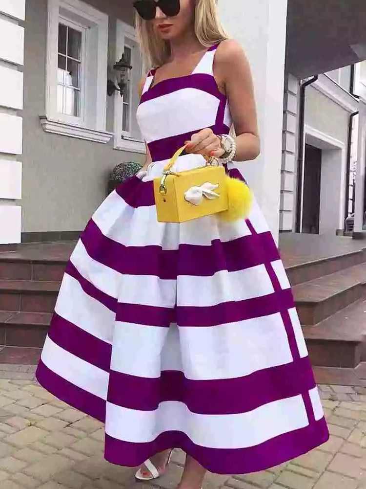 Elegant Off Shoulder  Striped Print Sleeveless Long Party Dress