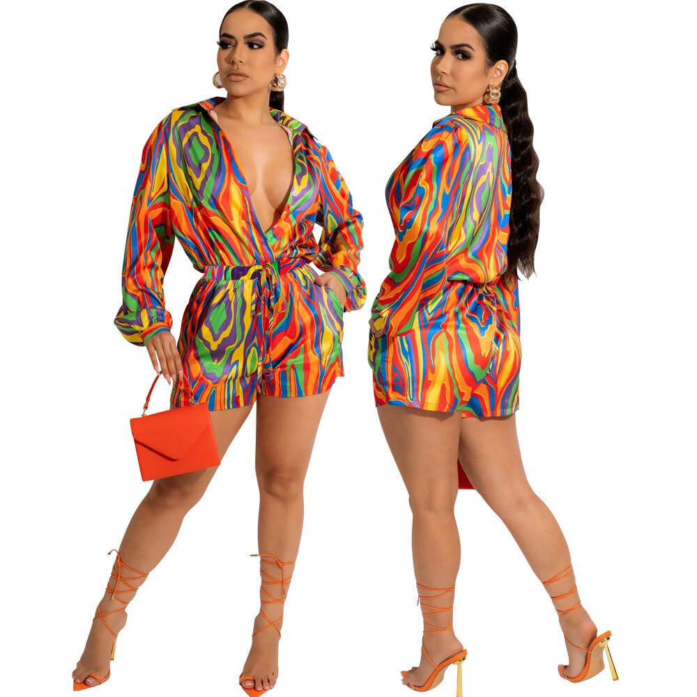 Casual Tie Dye Printed Lapel Long Sleeve Shirt Tops and Shorts Suit