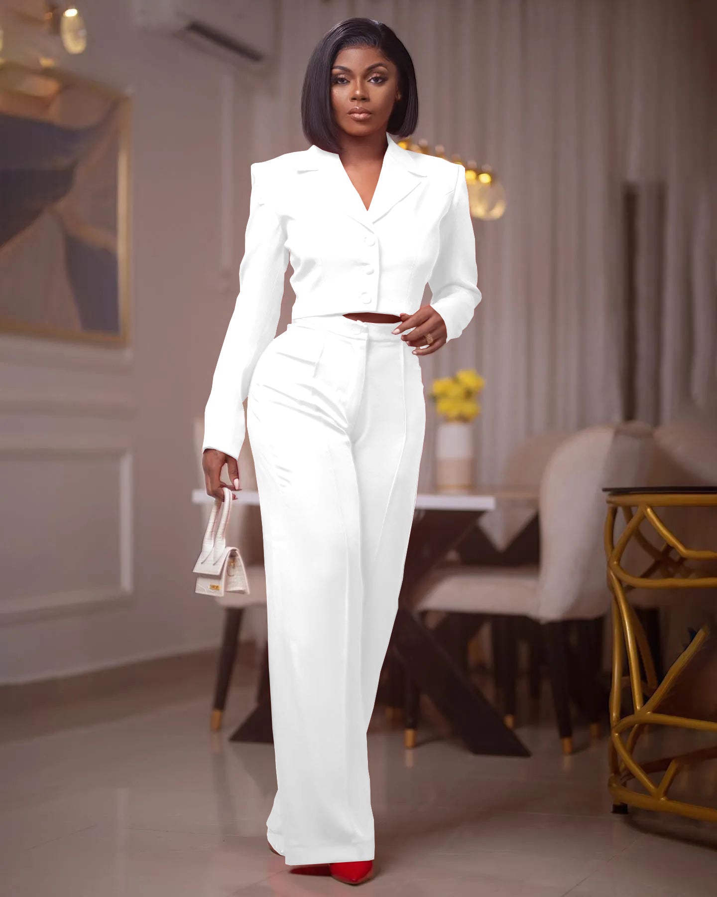 Single Breasted Top Blazer & High Waist Wide Leg Pants