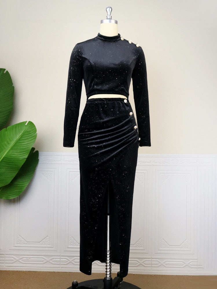 Black Velvet Dresses Elastic High Waist Long Sleeve Glitter Navel Pleated Slit Evening Party Dress