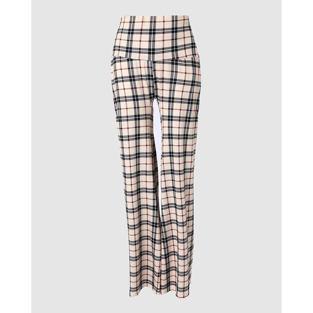 Spring Autumn Women Casual High Waist Plaid Print Wide Leg Pants