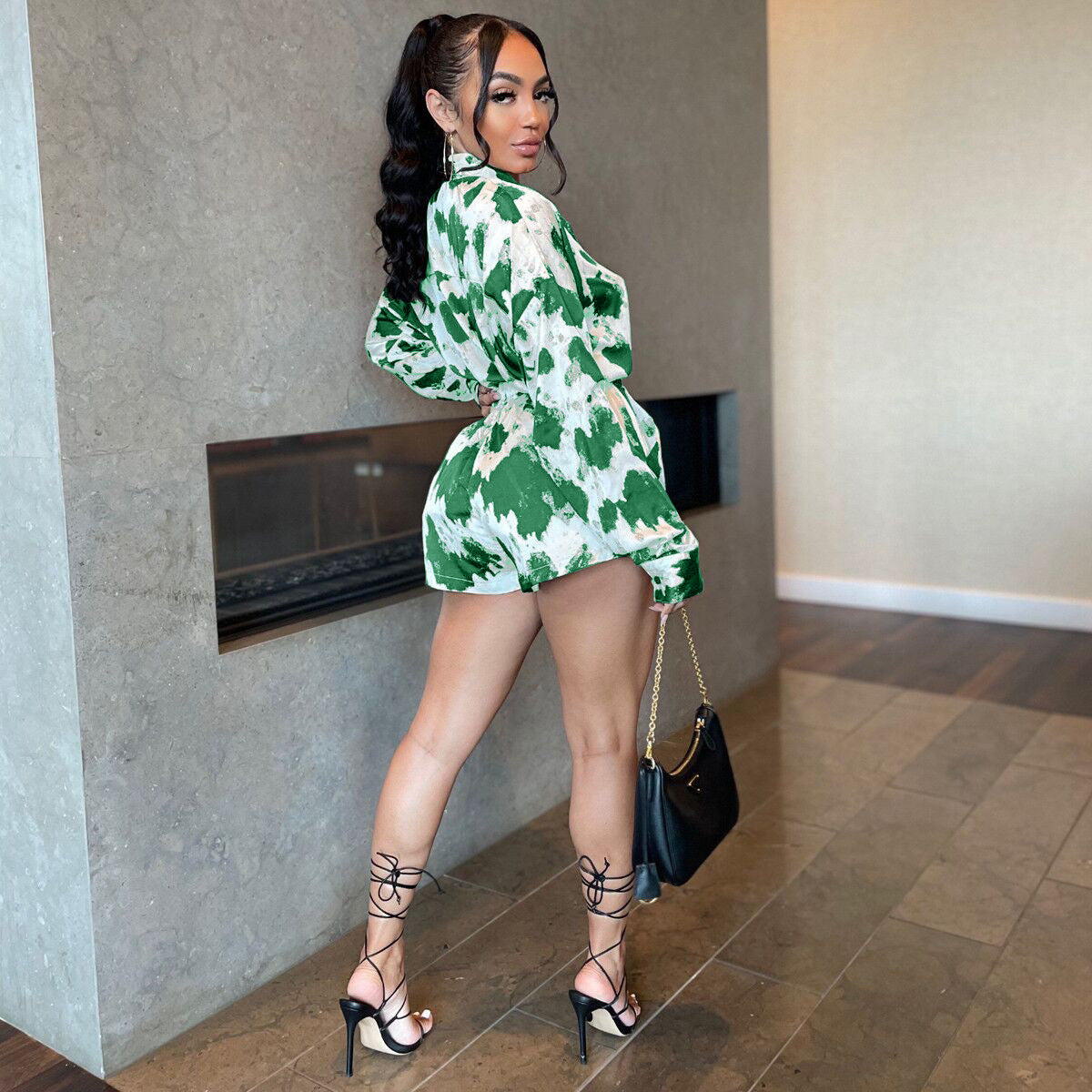 Chic Graffiti Printed Lapel Long Sleeve Shirt Tops and Shorts Suit