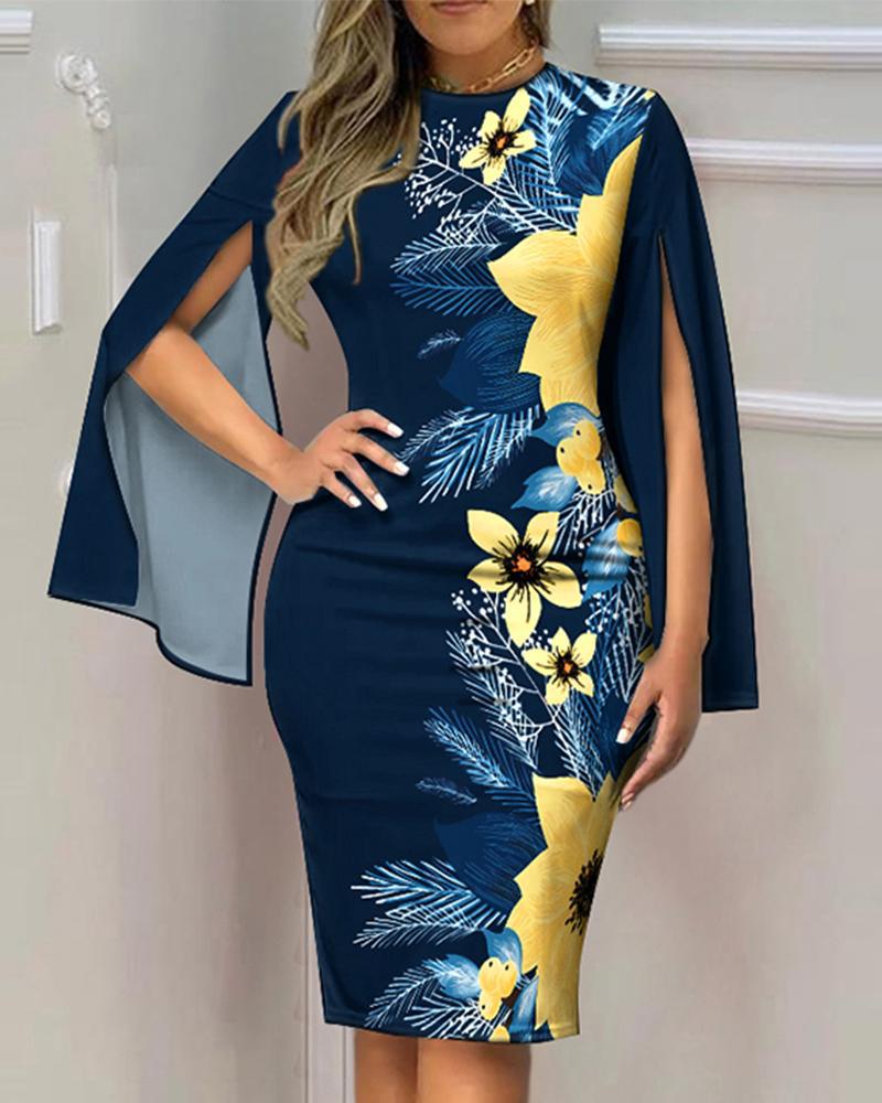 Casual Printed V Neck Slit Long Sleeve Bodycon Dress