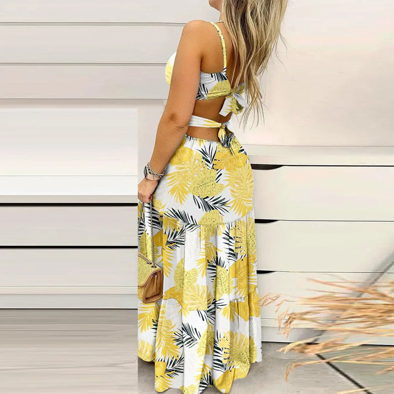 Elegant Print Lace Up Strap Long Split  Bodycon Sexy Summer Dress