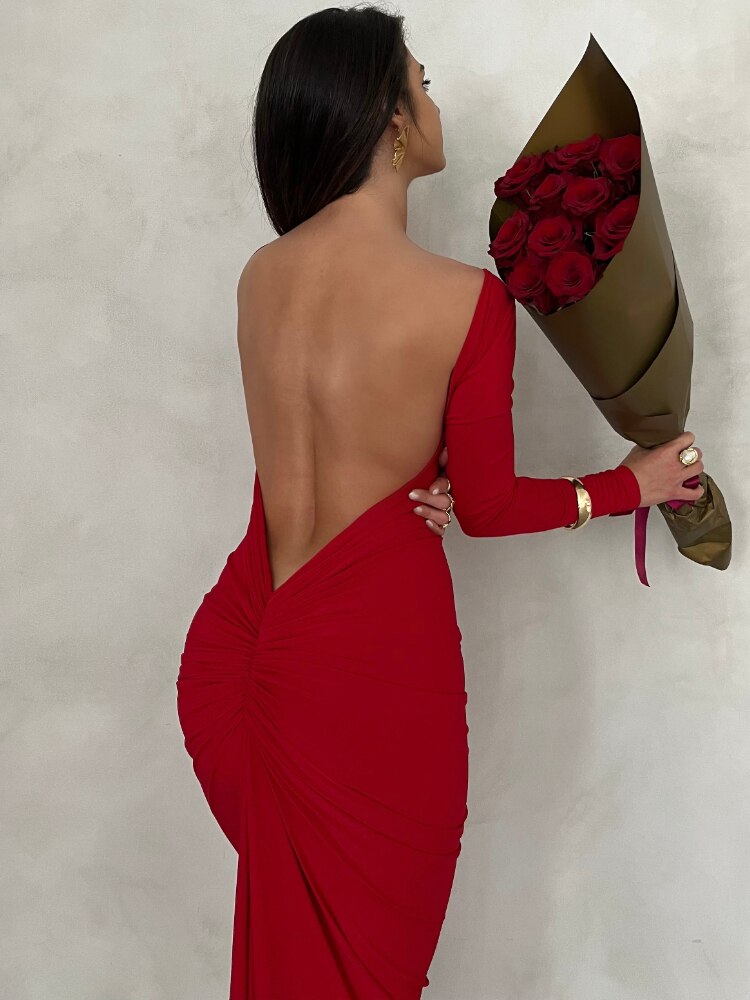 Autumn Winter Long Sleeve Sexy Straped Backless Maxi Dresses