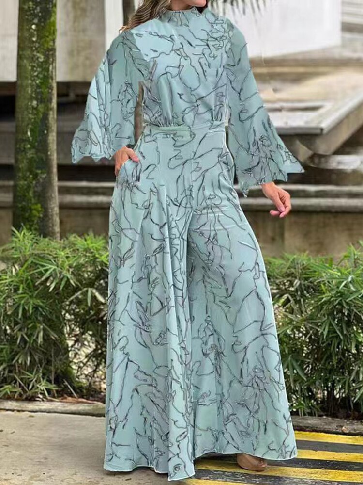 Spring Autumn Elegant Print Long Sleeve Loose Jumpsuit