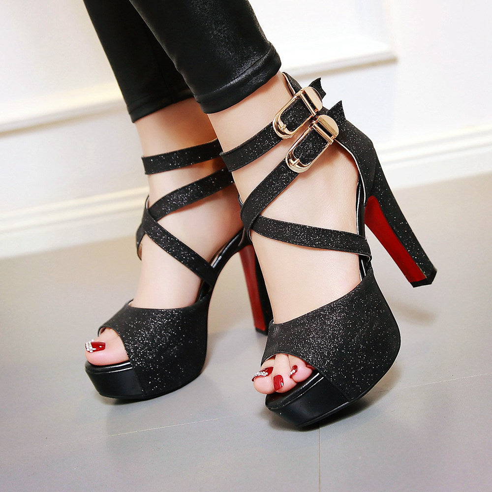 Buckle Slope Peep Toe Platform High Heels Wedge Sandals