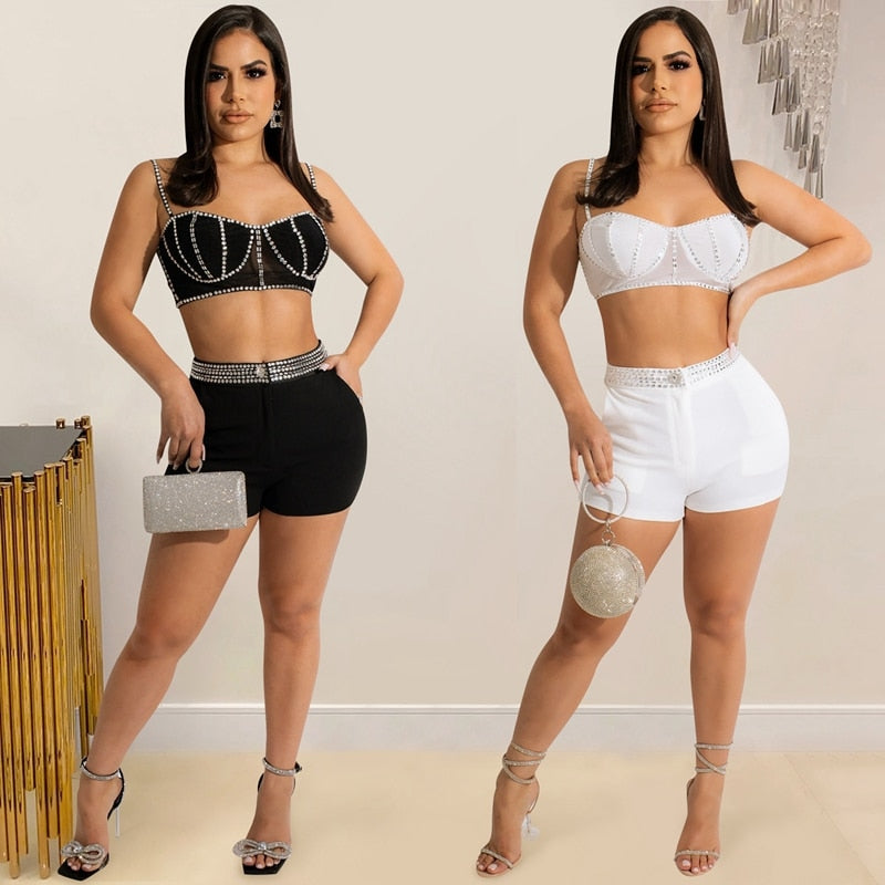 Rhinestone Crop Top Shorts Club Matching Sets