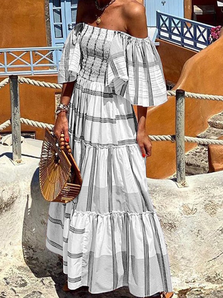 Summer Plaid Print A-line Off the shoulder Boho Beach Dress