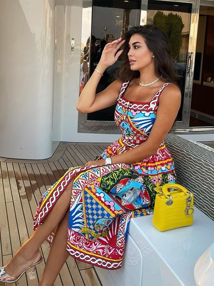 Printed Sleeveless Spaghetti Strap Slim A-line Dresses