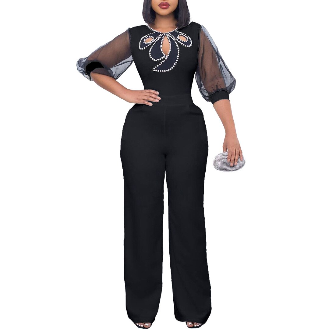 Hollow Out See Through Puff Half Sleeve O Neck Party Jumpsuit
