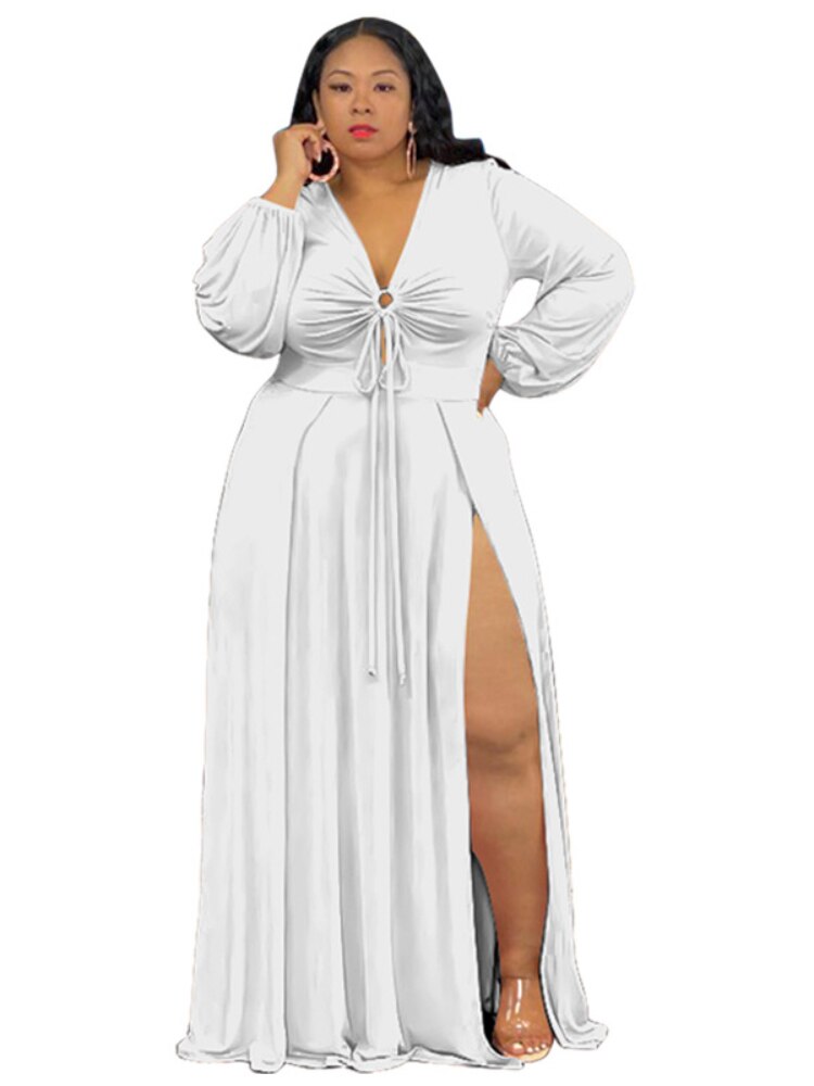 Plus Size Long Sleeve V-Neck Slit Strap Maxi Dresses